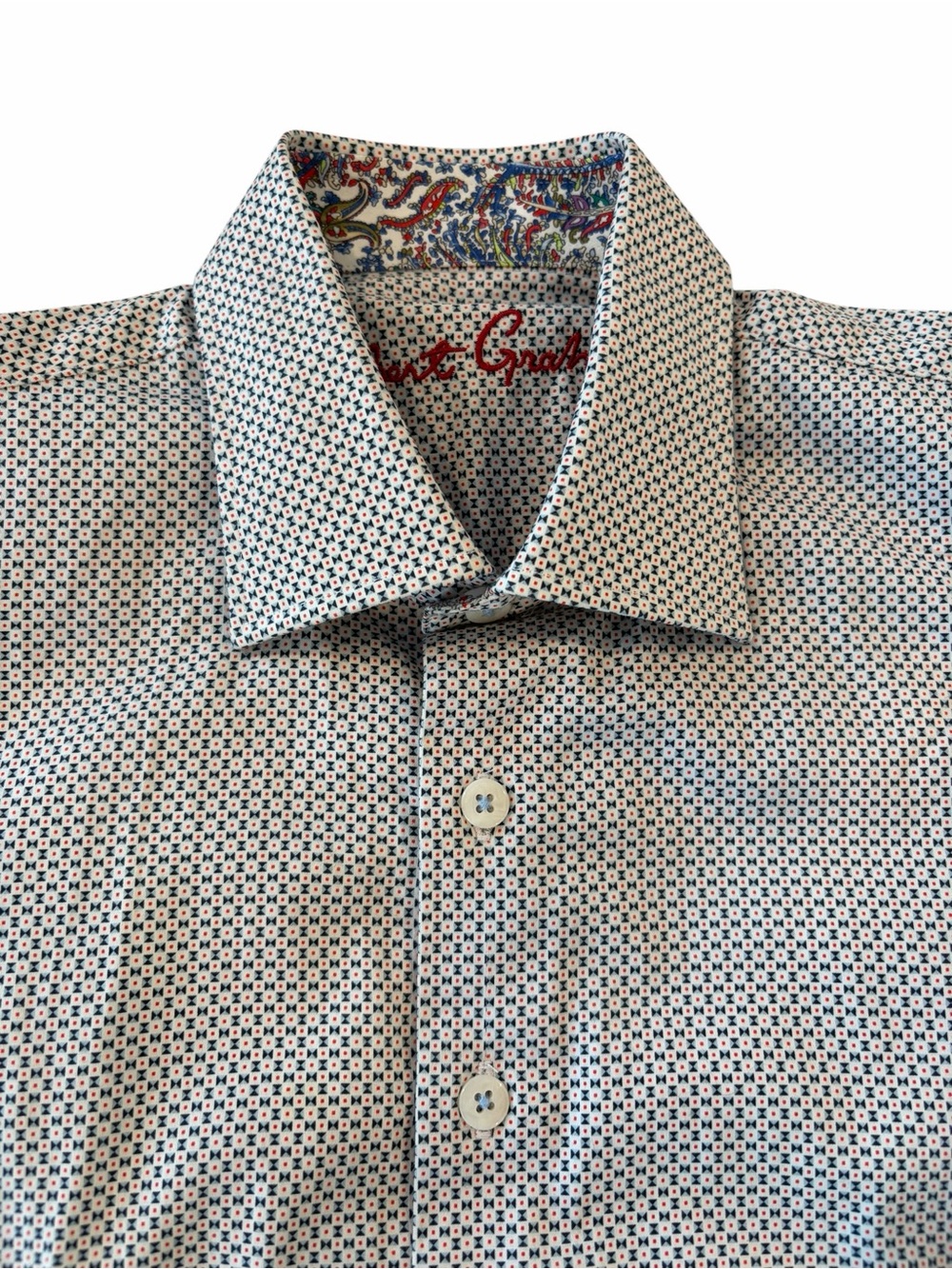 Robert Graham Boys Button Down Shirt Medium 10/12 Geometric Flip Cuff EUC